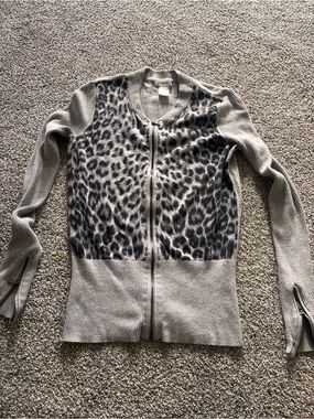 Cache Gray Leopard-Print Zip Cardigan Sweater